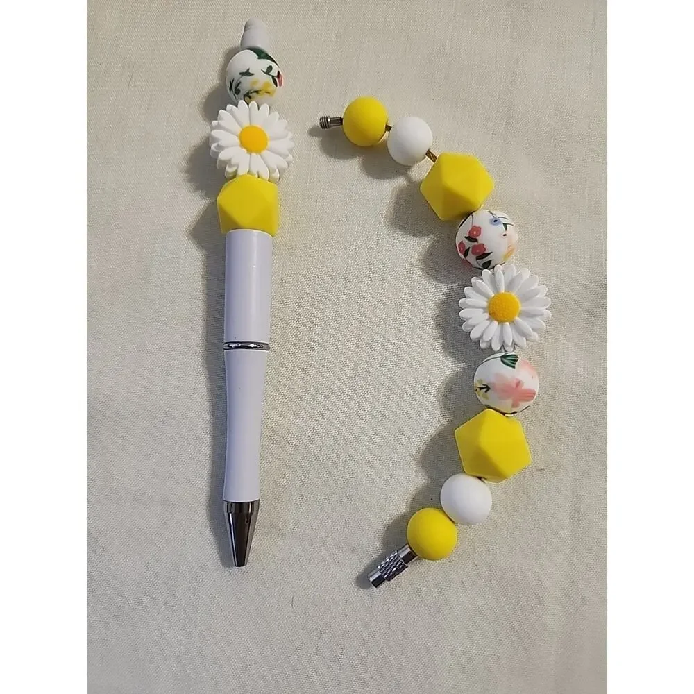 Bead Pen & Cup Charm Matching Combo Floral Daisies Yellow & White Silicone